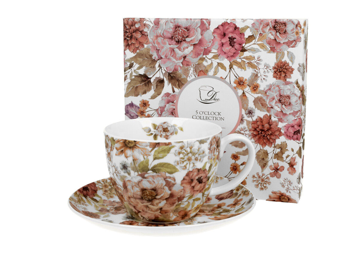 DUO FLORAL Jumbobecher 470 ml PASTEL FLOWERS mit Untertasse, New Bone China Porzellan