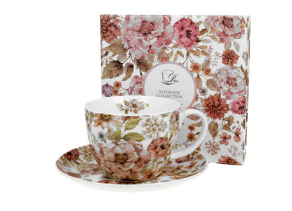 DUO FLORAL Jumbobecher 470 ml PASTEL FLOWERS mit Untertasse, New Bone China Porzellan