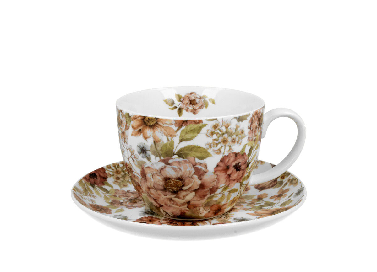 DUO FLORAL Jumbobecher 470 ml PASTEL FLOWERS mit Untertasse, New Bone China Porzellan – Bild 2