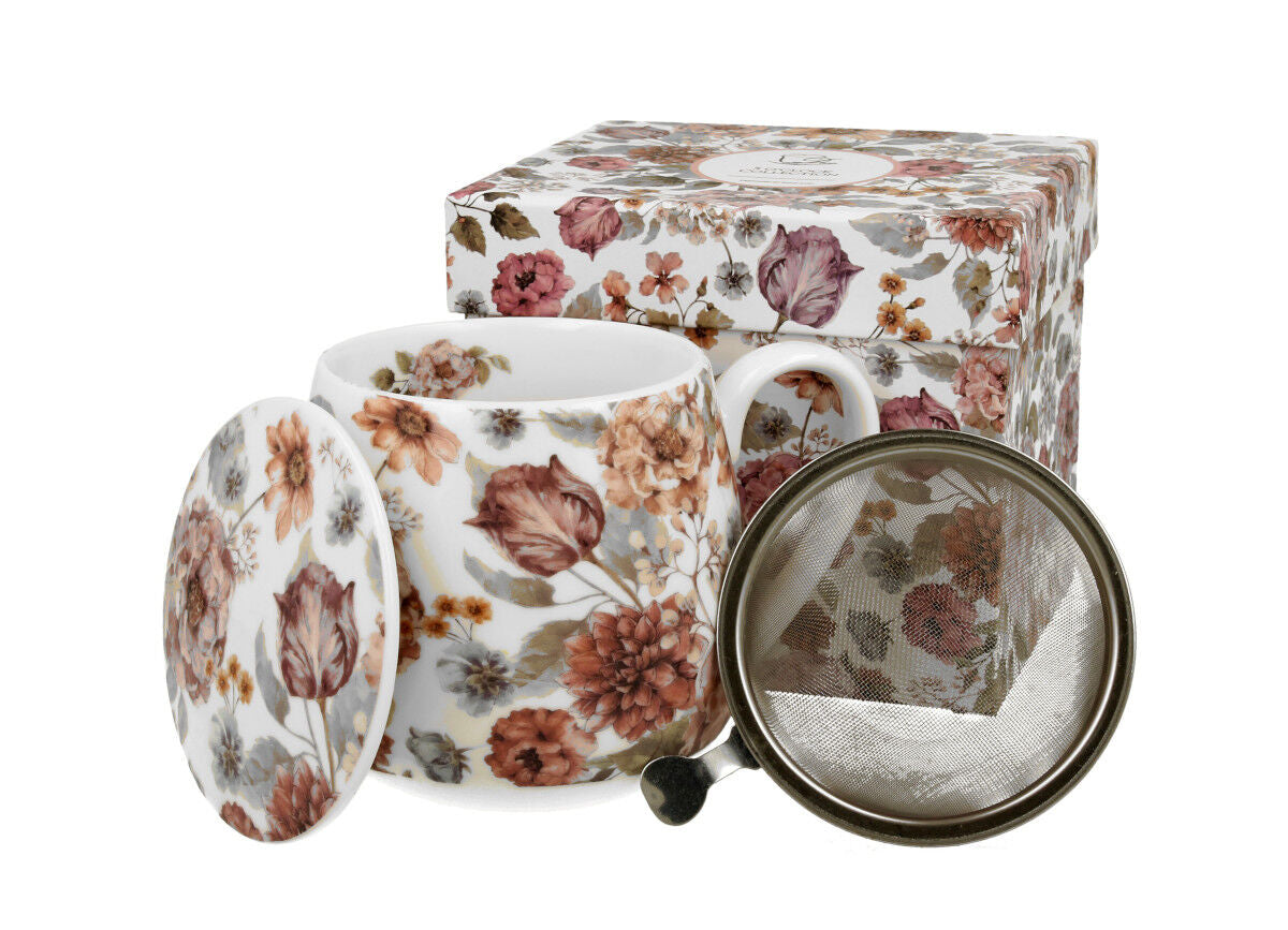 DUO FLORAL Fassbecher 430 ml PASTEL FLOWERS mit Teesieb, New Bone China Porzellan