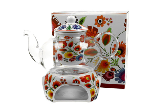 DUO ETNO Teekanne 1000 ml ŁOWICZ mit Teesieb, Glas - New Bone China Porzellan