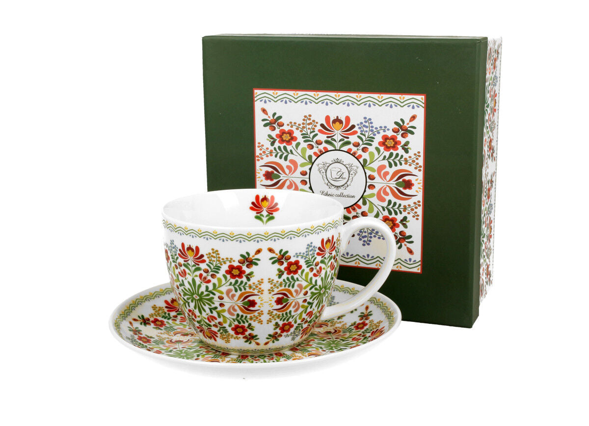 DUO ETNO Jumbobecher 470 ml HUNGARIAN mit Untertasse, New Bone China Porzellan