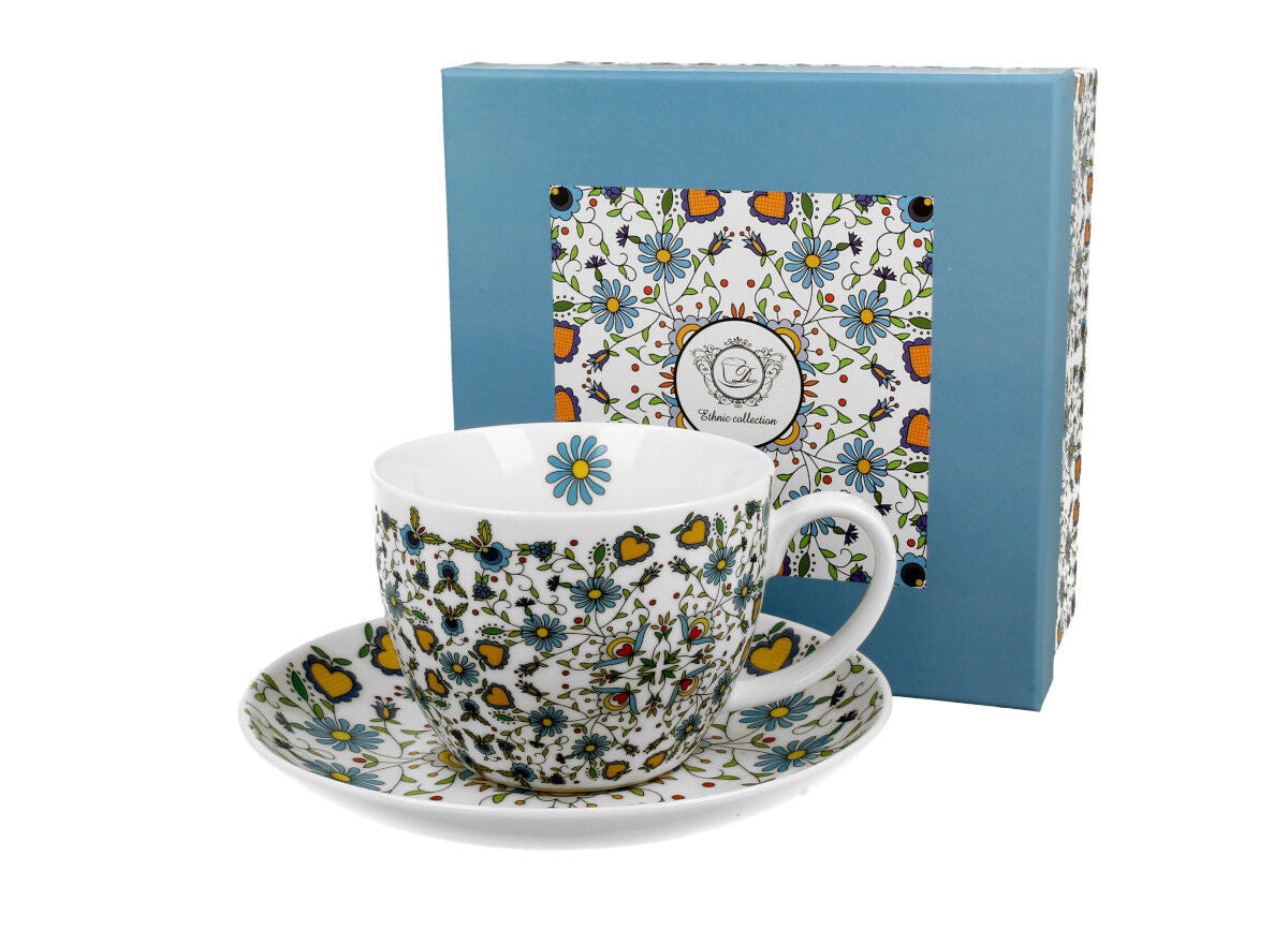 DUO ETNO Jumbobecher 470 ml KASHUBIAN mit Untertasse, New Bone China Porzellan