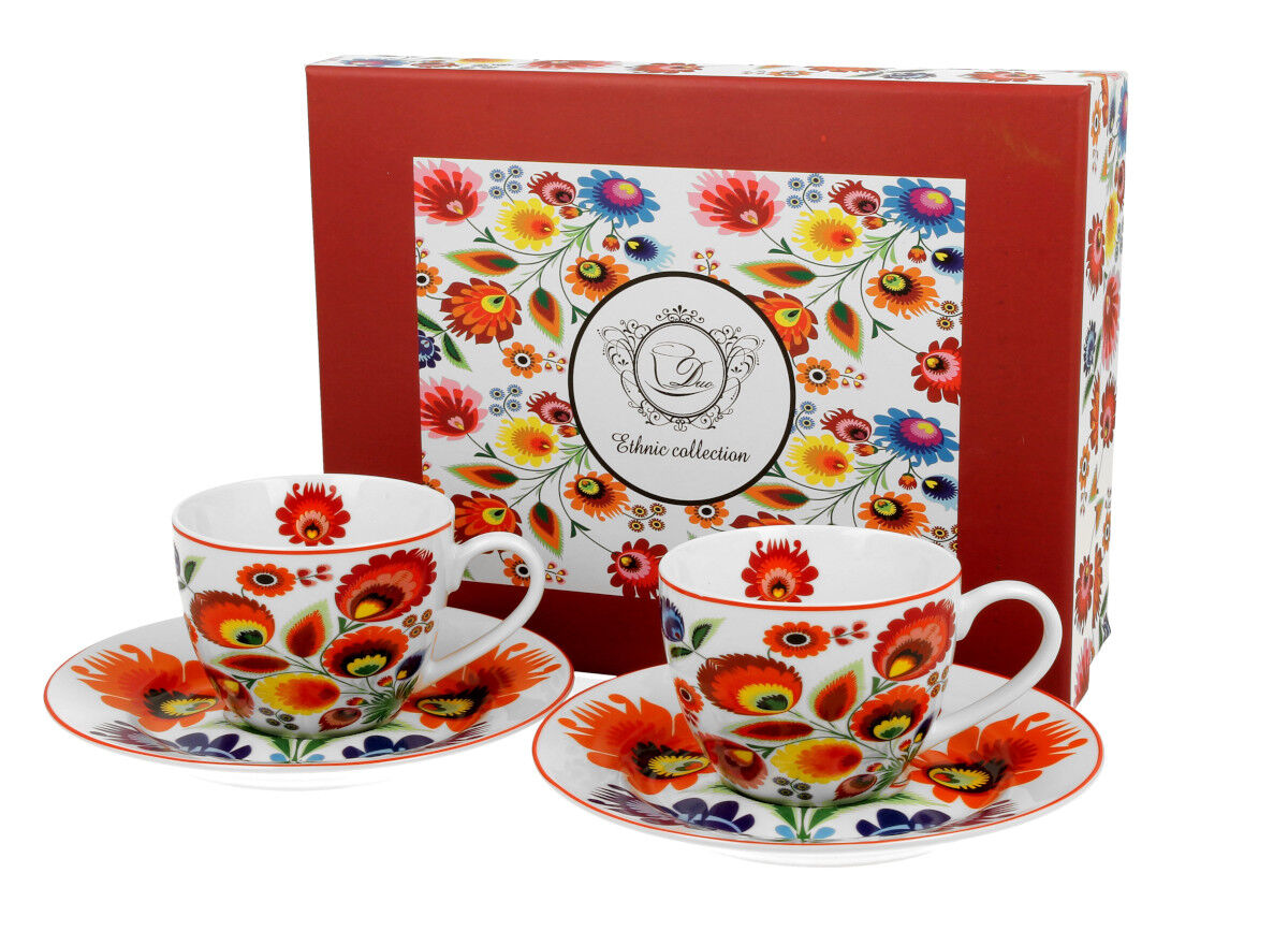 DUO ETNO 2er-Set Espressotassen 90 ml ŁOWICZ mit Untertassen, New Bone China Porzellan