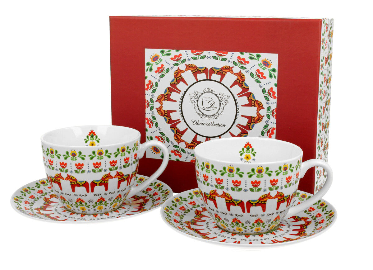 DUO ETNO 2er-Set Tassen 280 ml SCANDINAVIAN mit Untertassen, New Bone China Porzellan