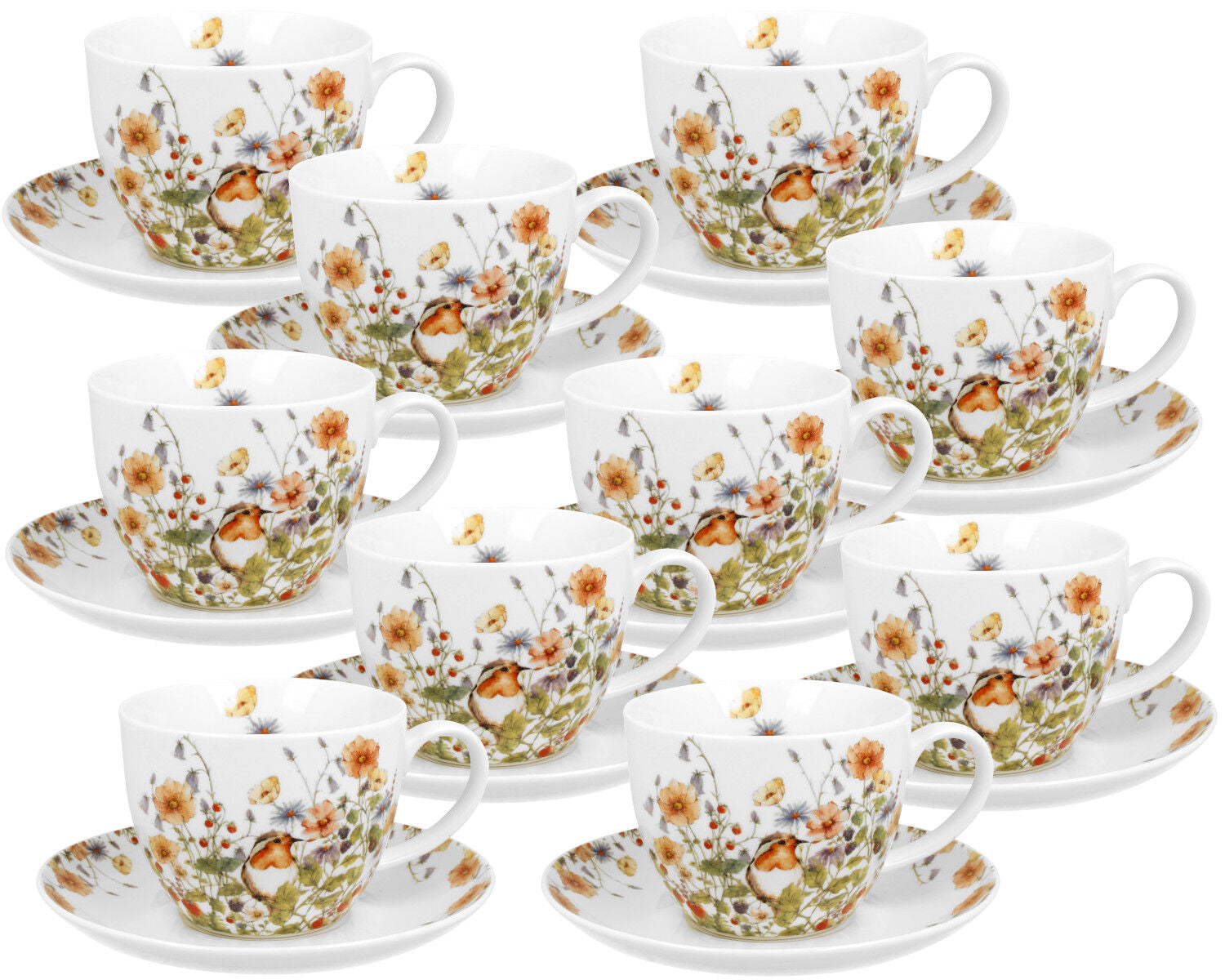 10er SET DUO FLORAL Jumbobecher 470 ml WILD BIRDS mit Untertasse, New Bone China Porzellan