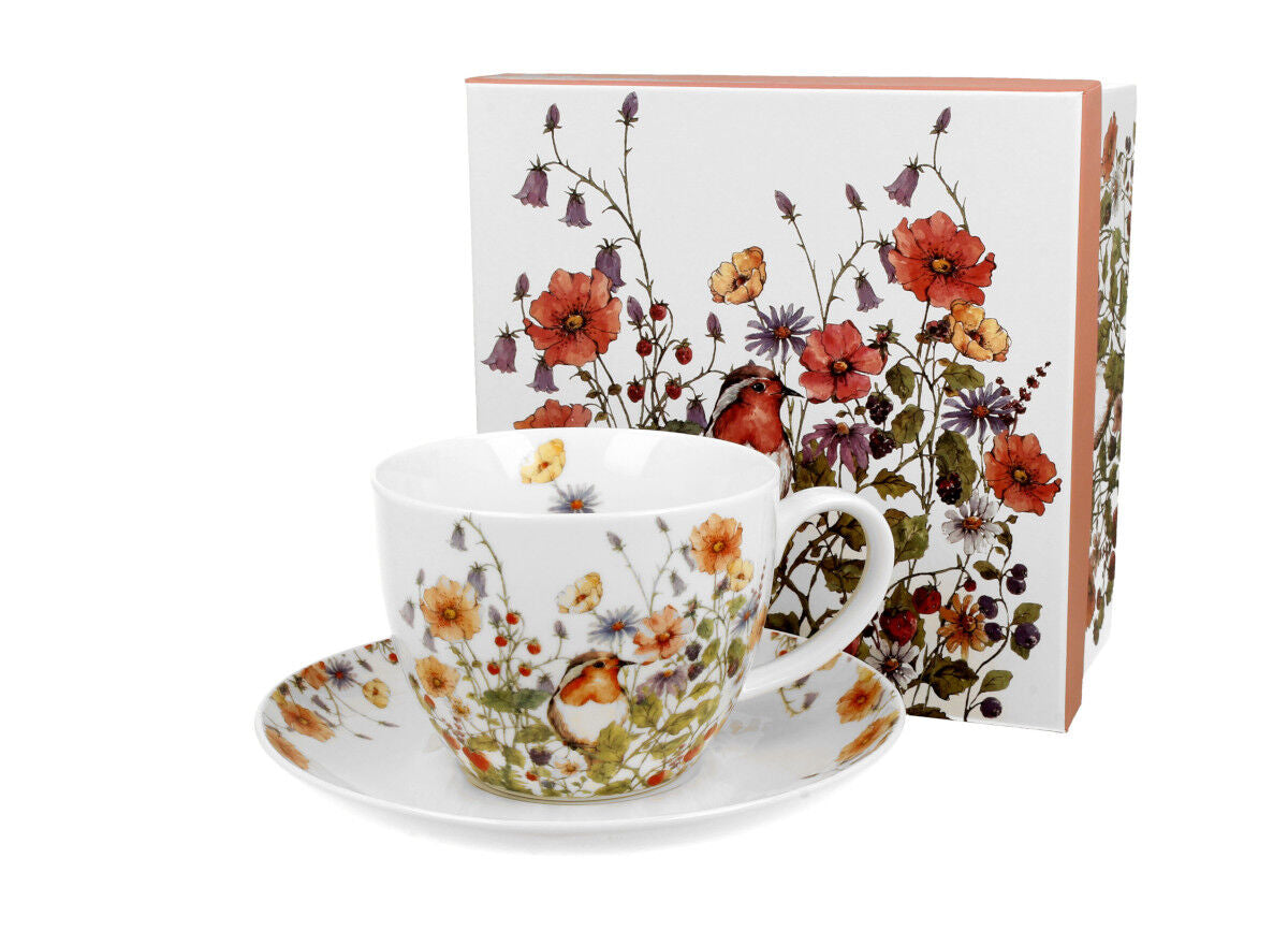 10er SET DUO FLORAL Jumbobecher 470 ml WILD BIRDS mit Untertasse, New Bone China Porzellan – Bild 3