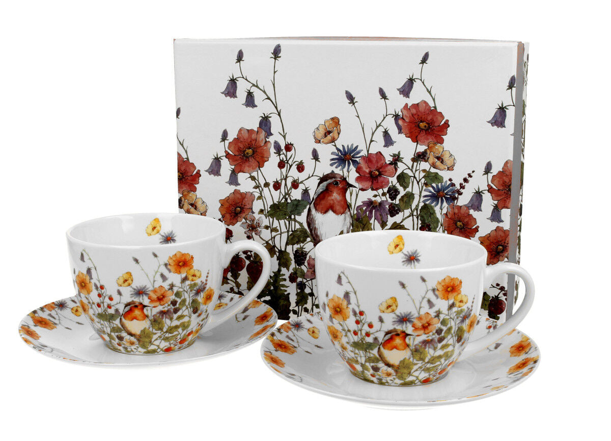 DUO FLORAL 2er-Set Tassen 280 ml WILD BIRD mit Untertassen, New Bone China Porzellan