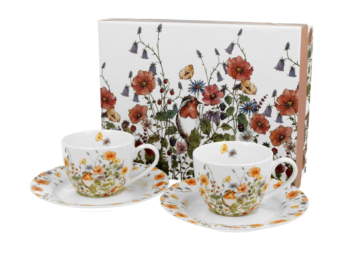 DUO FLORAL 2er-Set Espressotassen 90 ml WILD BIRD mit Untertassen, New Bone China Porzellan