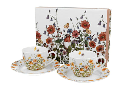 DUO FLORAL 2er-Set Espressotassen 90 ml WILD BIRD mit Untertassen, New Bone China Porzellan