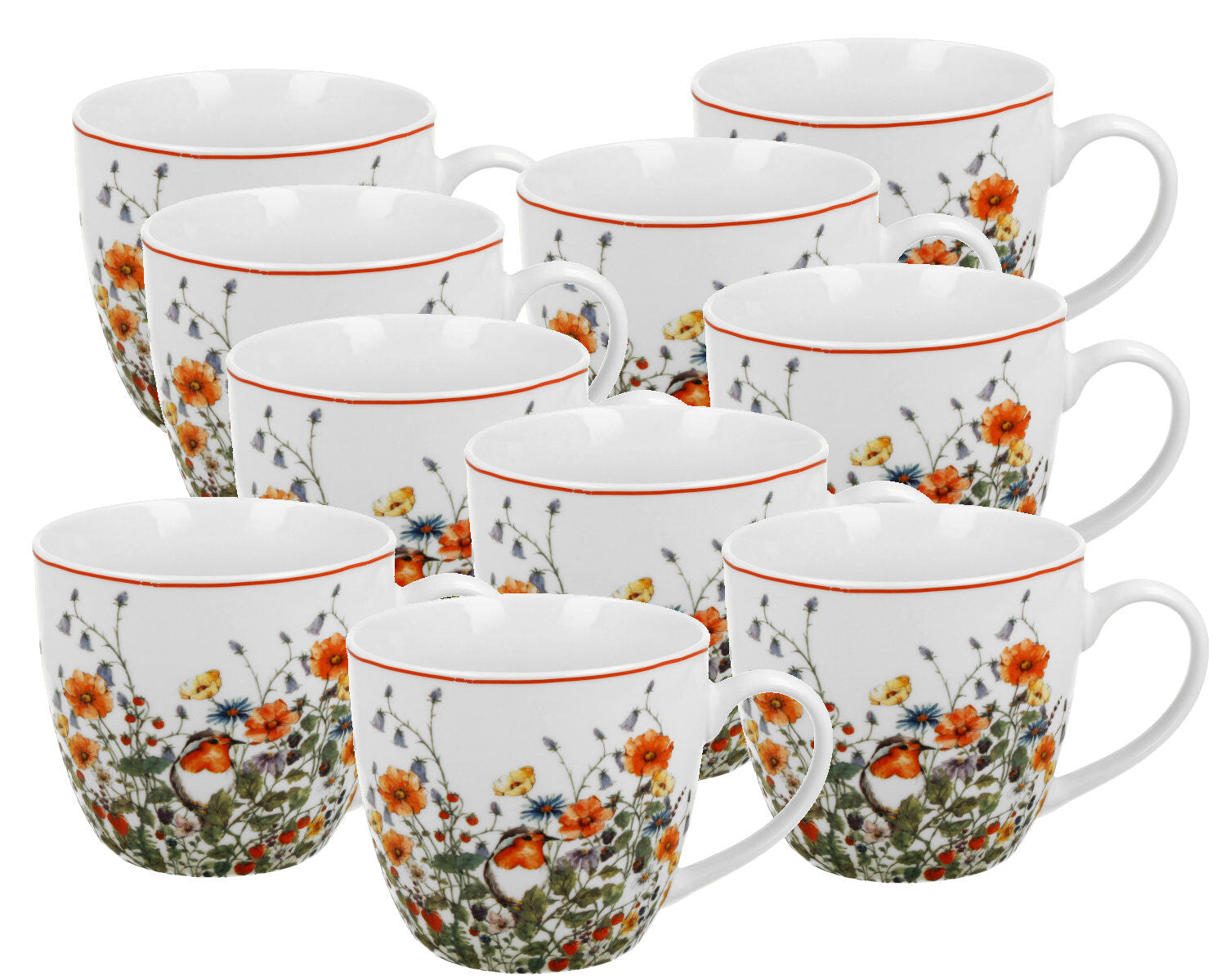 10er SET DUO FLORAL Becher 460 ml WILD BIRD in Tragetasche, New Bone China Porzellan