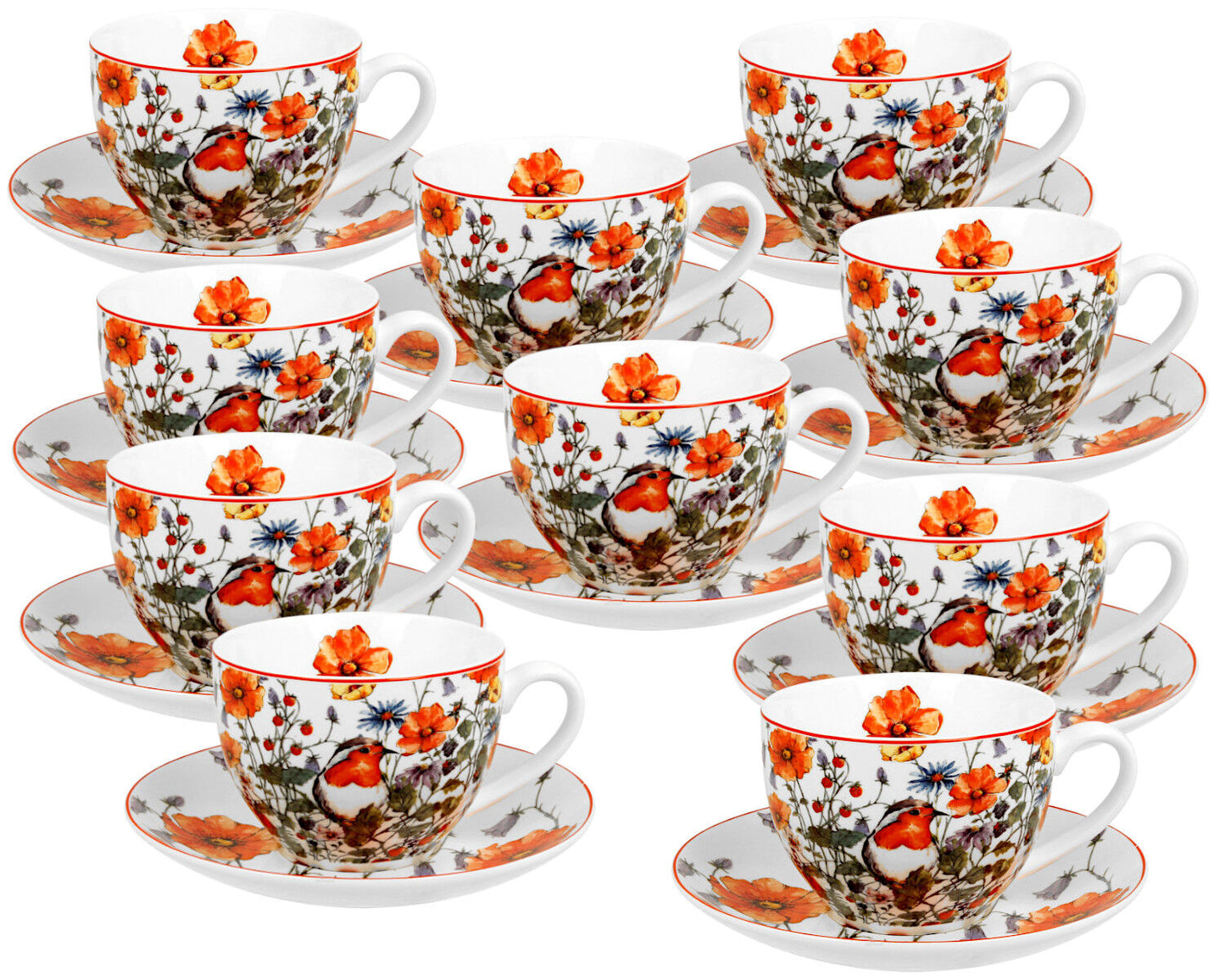 10er SET DUO FLORAL Tasse 250 ml WILD BIRDS mit Untertasse, New Bone China Porzellan