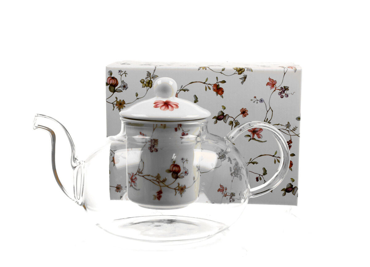DUO FLORAL Teekanne 1000 ml SAFA mit Teesieb, Glas - New Bone China Porzellan