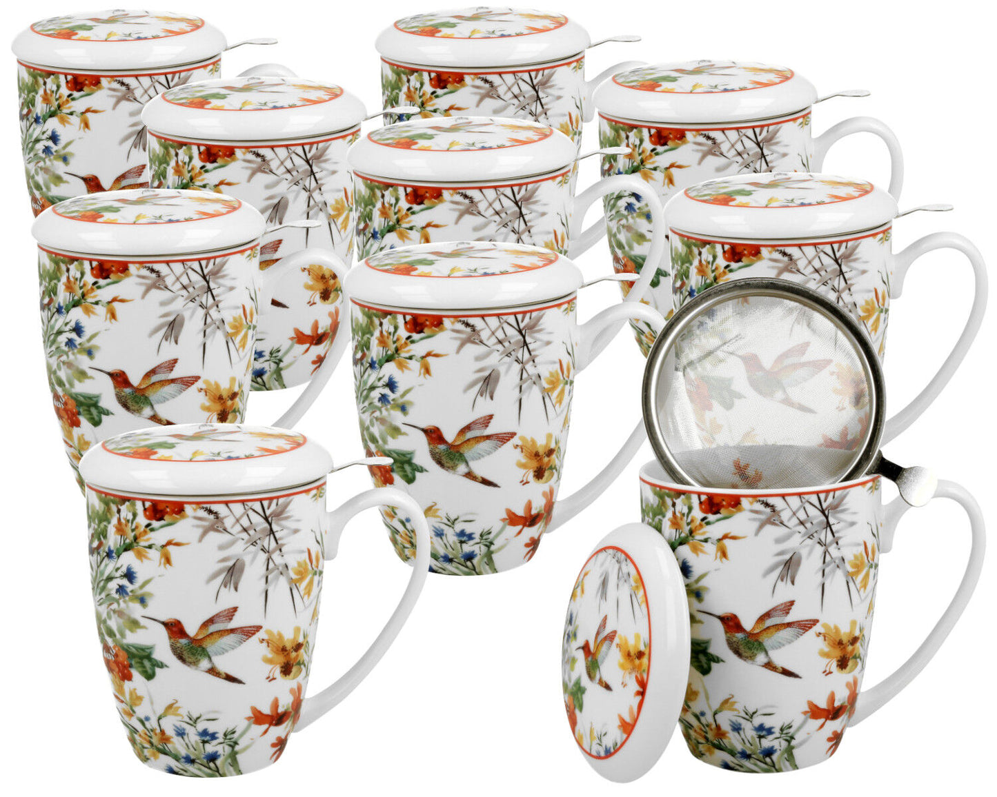 10er SET DUO FLORAL Becher 380 ml LINNEA mit Teesieb, New Bone China Porzellan