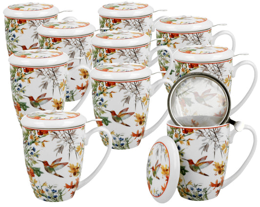 10er SET DUO FLORAL Becher 380 ml LINNEA mit Teesieb, New Bone China Porzellan