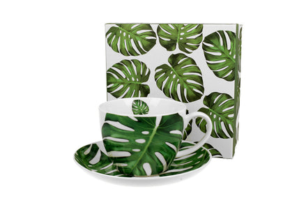 DUO FLORAL Jumbobecher 470 ml MONSTERA mit Untertasse, New Bone China Porzellan