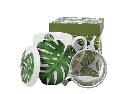 DUO FLORAL 30433 Becher 380 ml mit Teesieb MONSTERA mit Teesieb, New Bone China Porzellan