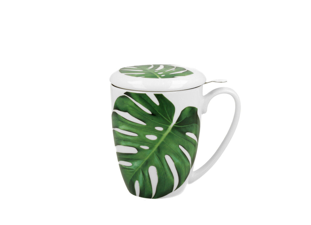 DUO FLORAL 30433 Becher 380 ml mit Teesieb MONSTERA mit Teesieb, New Bone China Porzellan – Bild 2