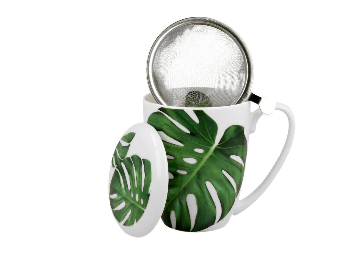 DUO FLORAL 30433 Becher 380 ml mit Teesieb MONSTERA mit Teesieb, New Bone China Porzellan – Bild 3