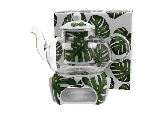 DUO FLORAL 30464 Teekanne 1000 ml mit Teesieb MONSTERA mit Teesieb, Glas - New Bone China Porzellan