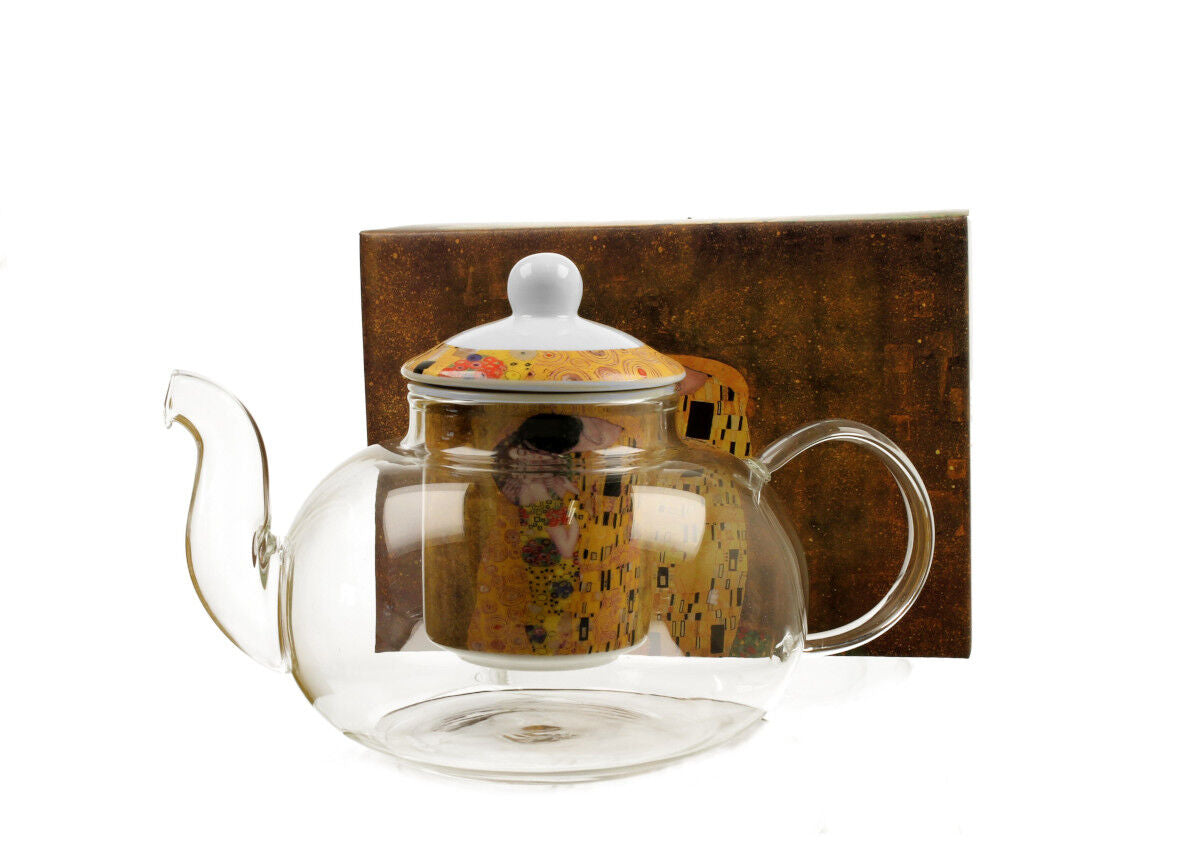 DUO ART GALLERY Teekanne 1000 ml THE KISS mit Teesieb, Glas - New Bone China Porzellan