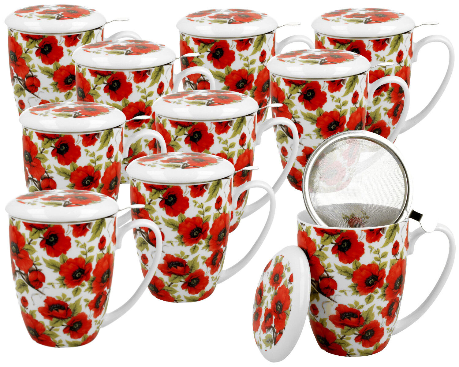 10er Set DUO FLORAL Becher 380 ml LINA mit Teesieb, New Bone China Porzellan