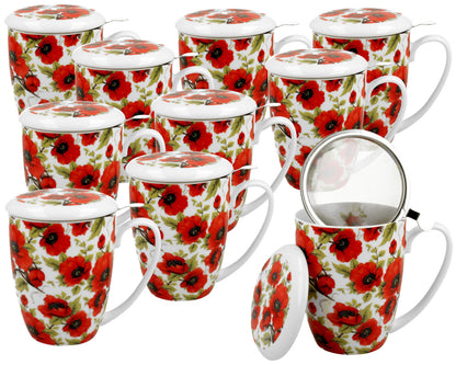 10er Set DUO FLORAL Becher 380 ml LINA mit Teesieb, New Bone China Porzellan
