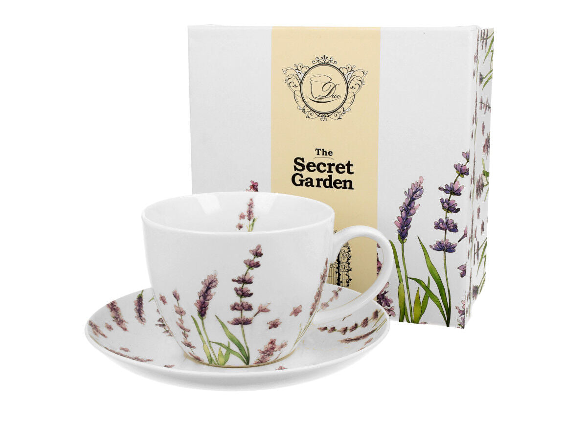 DUO FLORAL Jumbobecher 470 ml CLASSIC LAVENDER mit Untertasse, New Bone China Porzellan