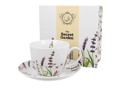 DUO FLORAL Jumbobecher 470 ml CLASSIC LAVENDER mit Untertasse, New Bone China Porzellan