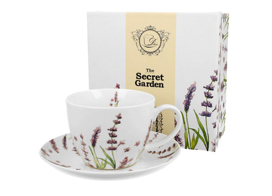DUO FLORAL Jumbobecher 470 ml CLASSIC LAVENDER mit Untertasse, New Bone China Porzellan
