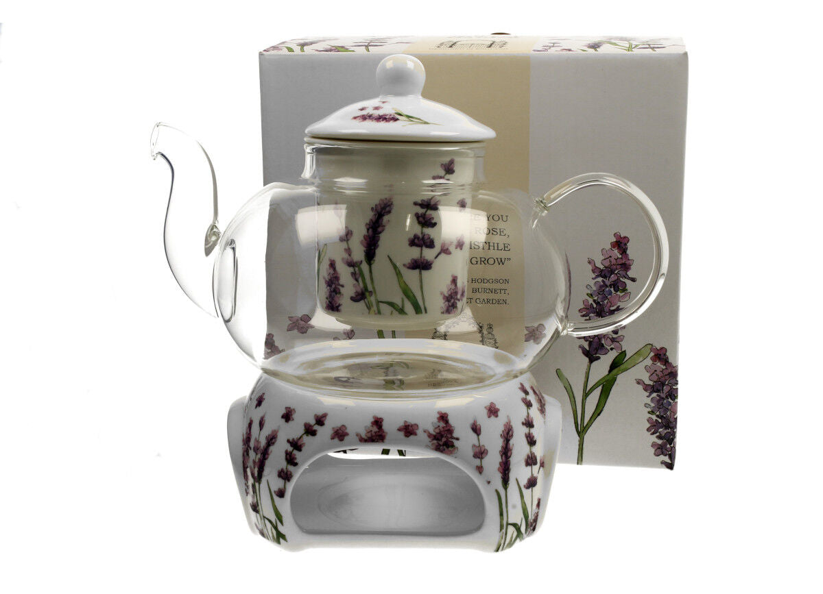 DUO FLORAL Teekanne 1000 ml CLASSIC LAVENDER mit Stövchen, Glas - New Bone China Porzellan