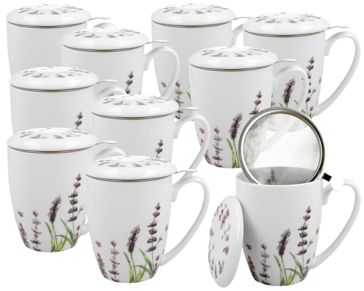 10er SET DUO FLORAL 30785 Becher 380 ml CLASSIC LAVENDER mit Teesieb, New Bone China Porzellan