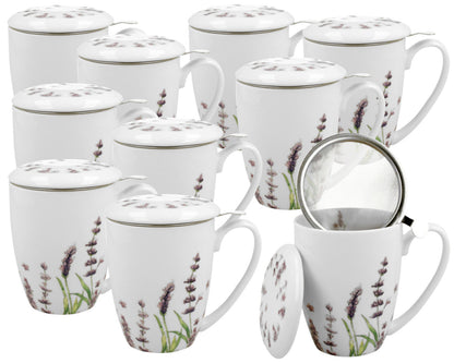 10er SET DUO FLORAL 30785 Becher 380 ml CLASSIC LAVENDER mit Teesieb, New Bone China Porzellan