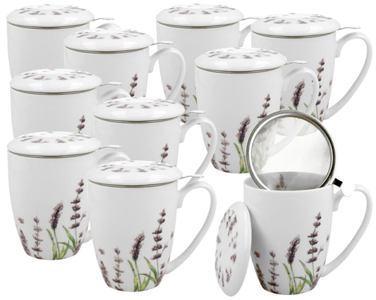10er SET DUO FLORAL 30785 Becher 380 ml CLASSIC LAVENDER mit Teesieb, New Bone China Porzellan