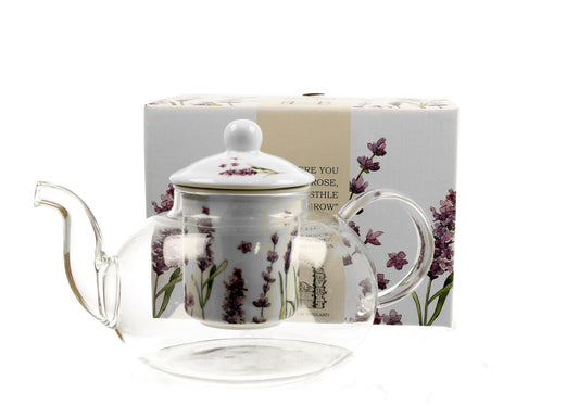 DUO FLORAL Teekanne 1000 ml CLASSIC LAVENDER mit Teesieb, Glas - New Bone China Porzellan