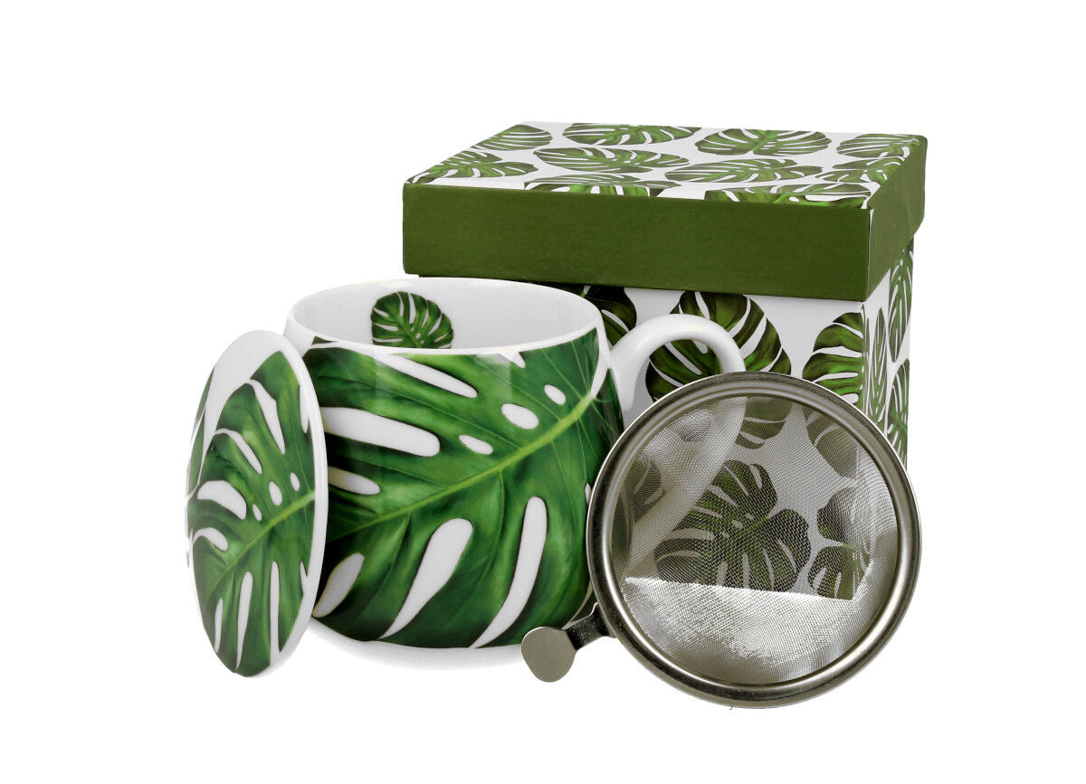 DUO FLORAL Fassbecher 430 ml MONSTERA mit Teesieb, New Bone China Porzellan