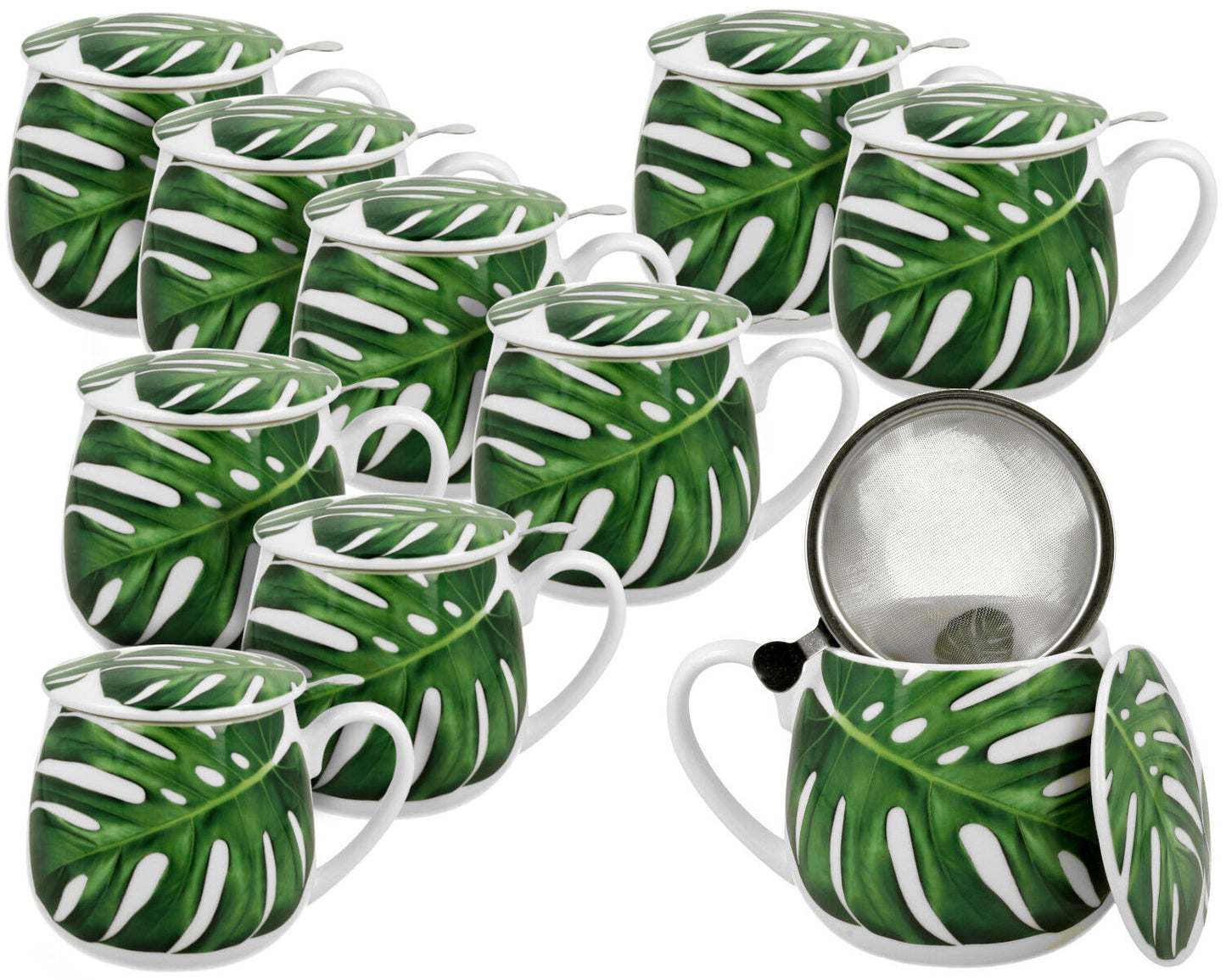 10er SET DUO FLORAL Fassbecher 430 ml MONSTERA mit Teesieb, New Bone China Porzellan