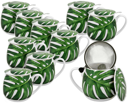 10er SET DUO FLORAL Fassbecher 430 ml MONSTERA mit Teesieb, New Bone China Porzellan