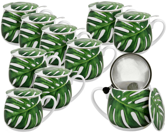 10er SET DUO FLORAL Fassbecher 430 ml MONSTERA mit Teesieb, New Bone China Porzellan