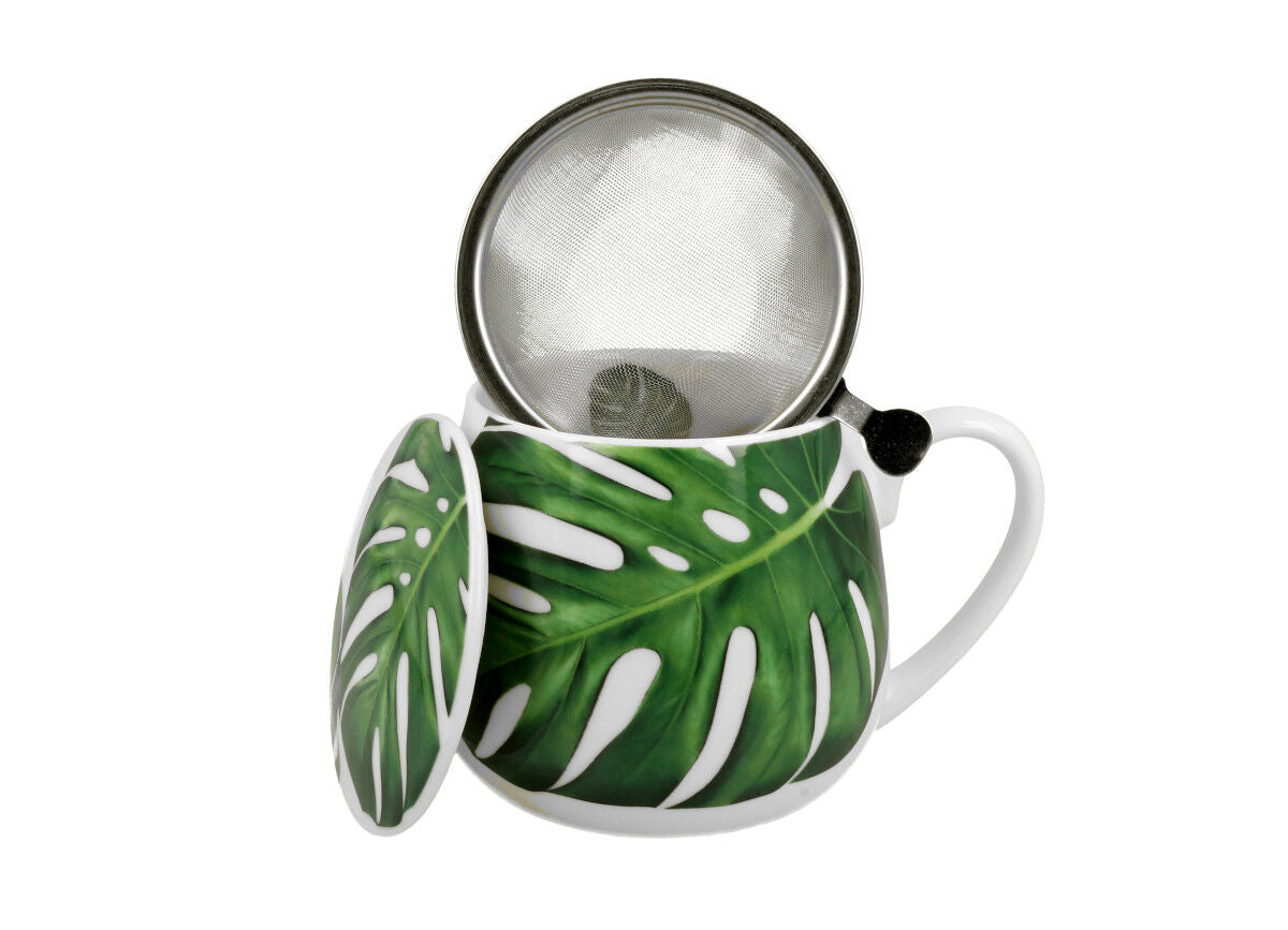 10er SET DUO FLORAL Fassbecher 430 ml MONSTERA mit Teesieb, New Bone China Porzellan – Bild 3