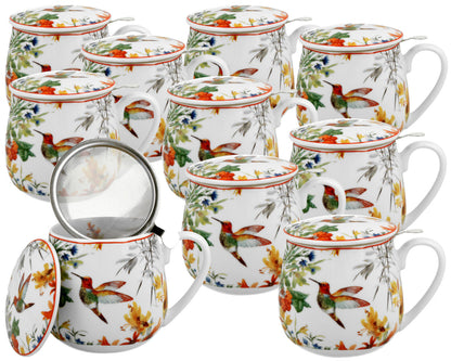 10er SET DUO FLORAL Fassbecher 430 ml LINNEA mit Teesieb, New Bone China Porzellan