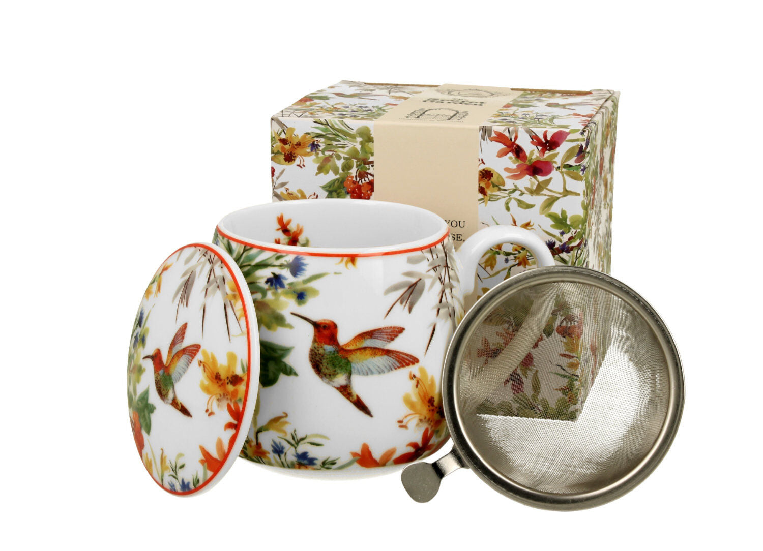 DUO FLORAL Fassbecher 430 ml LINNEA mit Teesieb, New Bone China Porzellan
