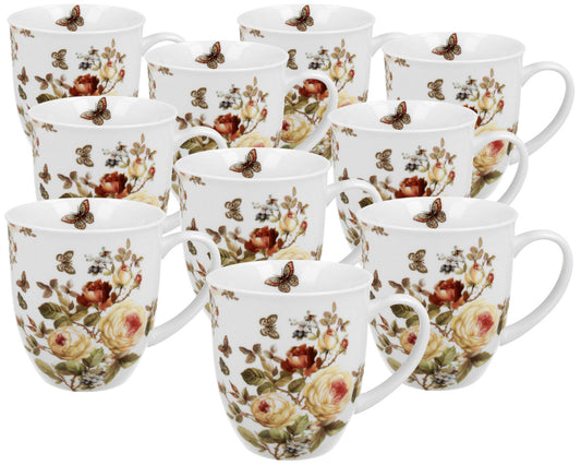 10er SET DUO FLORAL Becher 400 ml ZAHRA in Metalldose, New Bone China Porzellan