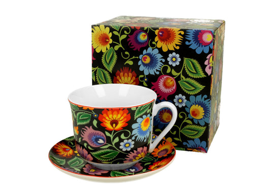 DUO ETNO 31430 Jumbobecher 470 ml mit Untertasse ETNIC mit Untertasse, New Bone China Porzellan