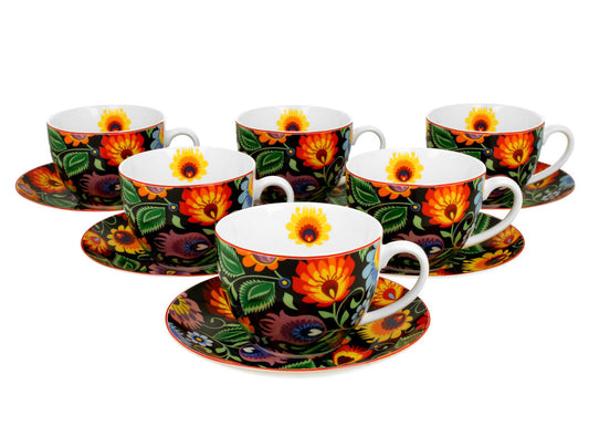 DUO ETNO 6er-Set Tassen 220 ml ETNIC mit Untertassen, New Bone China Porzellan