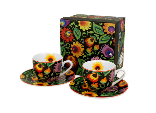 DUO ETNO 2er-Set Espressotassen 90 ml ETNIC mit Untertassen, New Bone China Porzellan