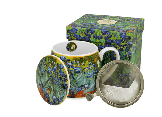 DUO ART GALLERY Fassbecher 430 ml IRISES mit Teesieb, New Bone China Porzellan