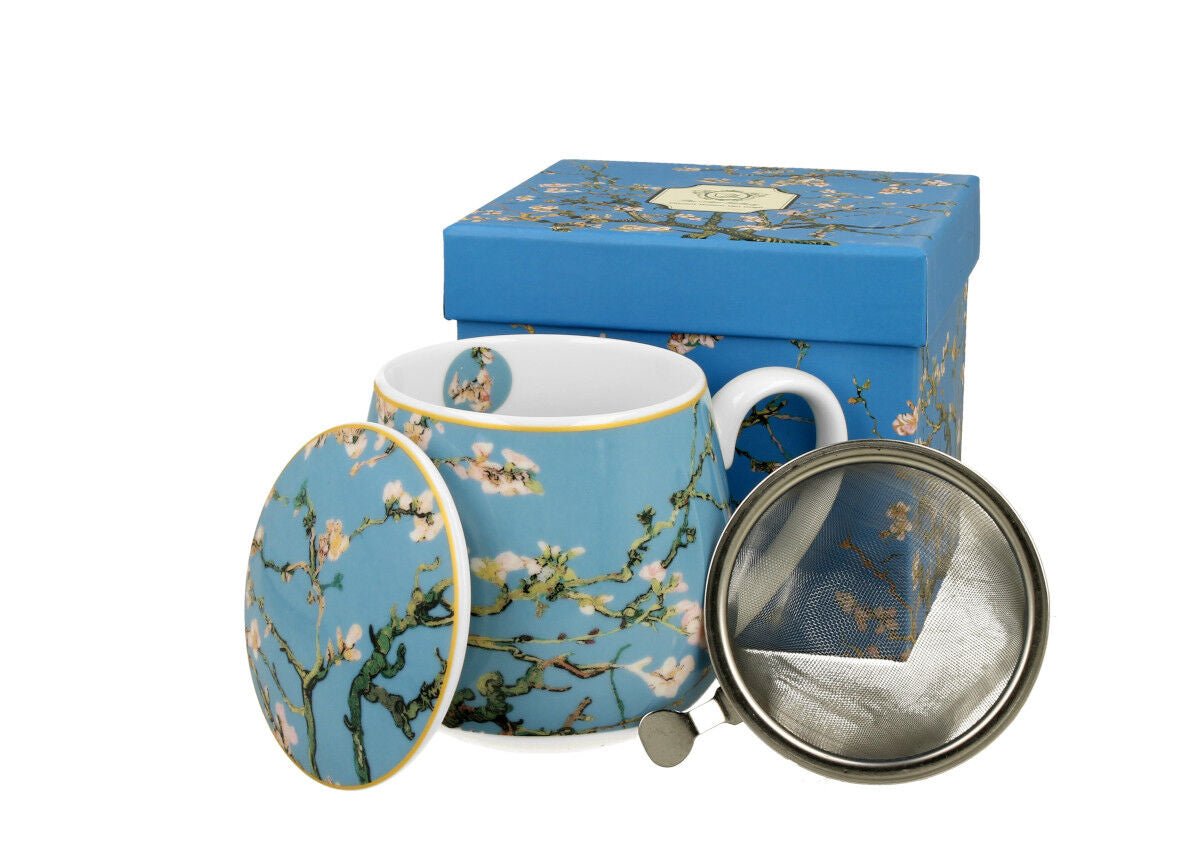 DUO ART GALLERY Fassbecher 430 ml ALMOND BLOSSOM mit Teesieb, New Bone China Porzellan