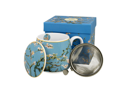 DUO ART GALLERY Fassbecher 430 ml ALMOND BLOSSOM mit Teesieb, New Bone China Porzellan
