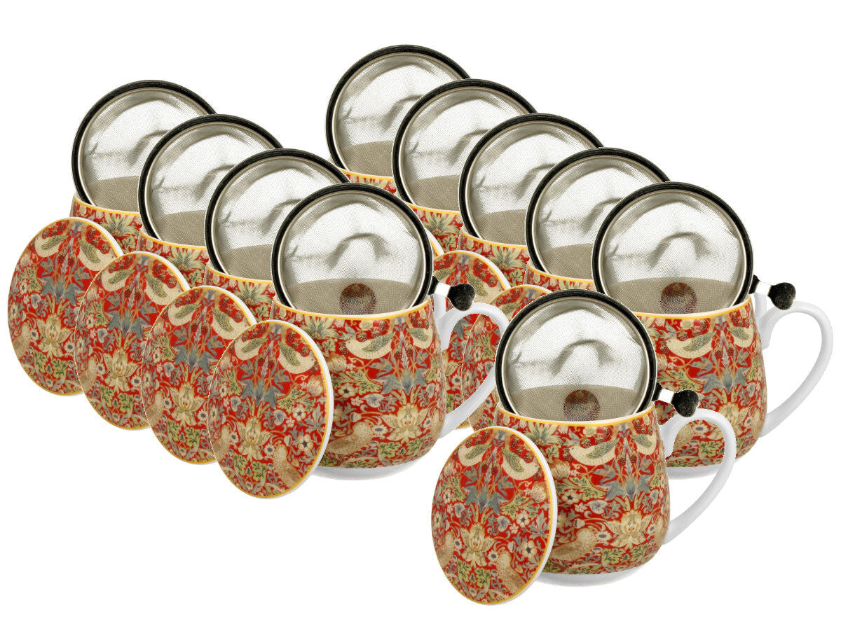 10er SET DUO ART GALLERY Fassbecher 430 ml STRAWBERRY THIEF RED mit Teesieb, New Bone China Porzellan